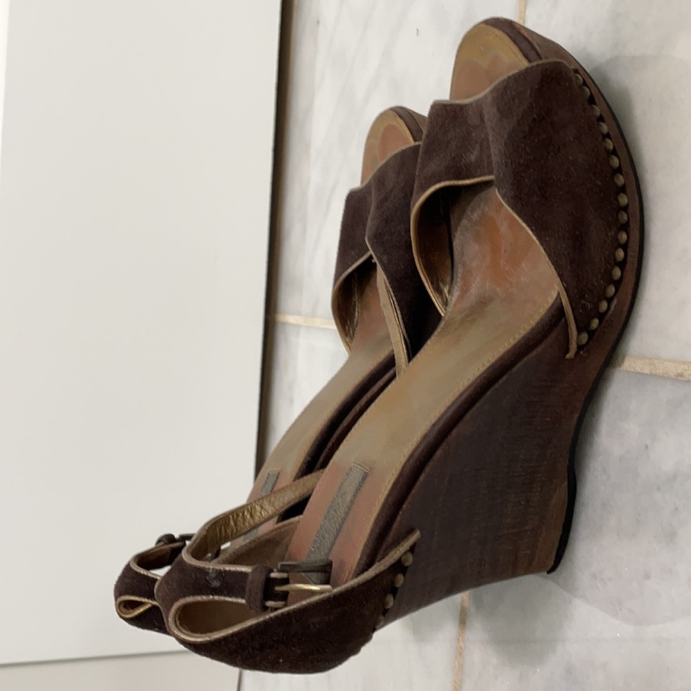 Suede Prada Wood Wedge Sandals - Brown with Gold Trim SIZE 38.5